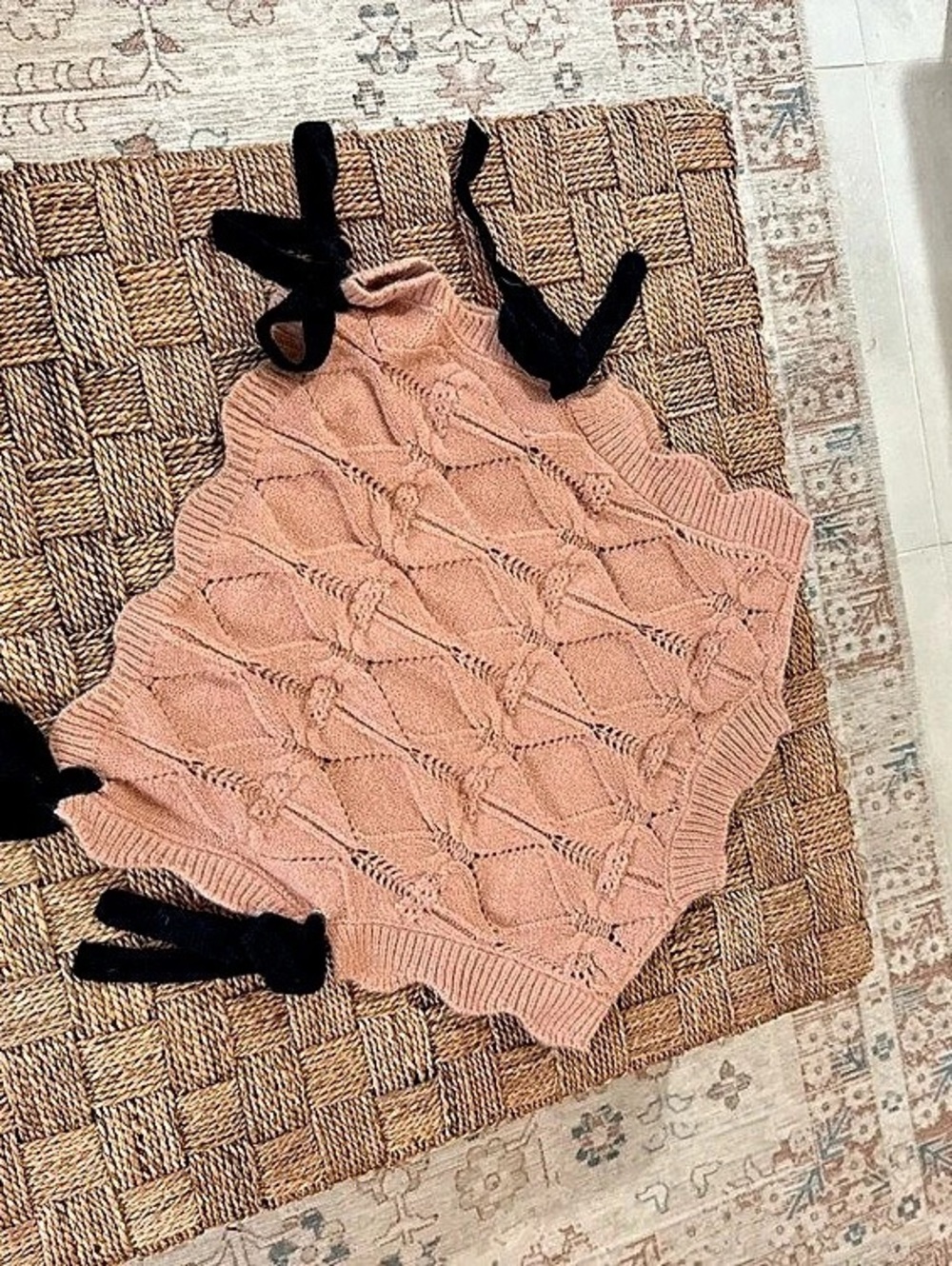 Mable Cable Knit Tie-Shoulder Tank in Pink & Black Medium